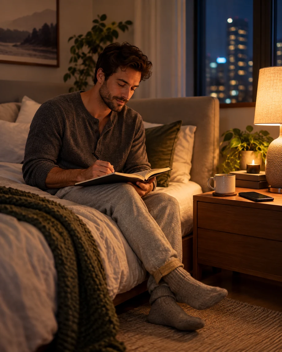 Evening wind-down routine with journaling and tea